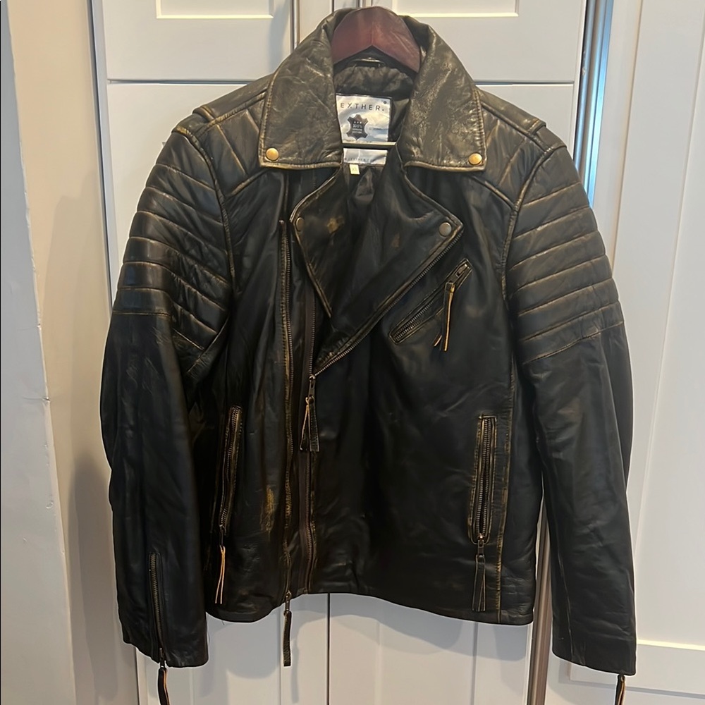 Black Leather Motorcycle Jacket with Quilted Panels